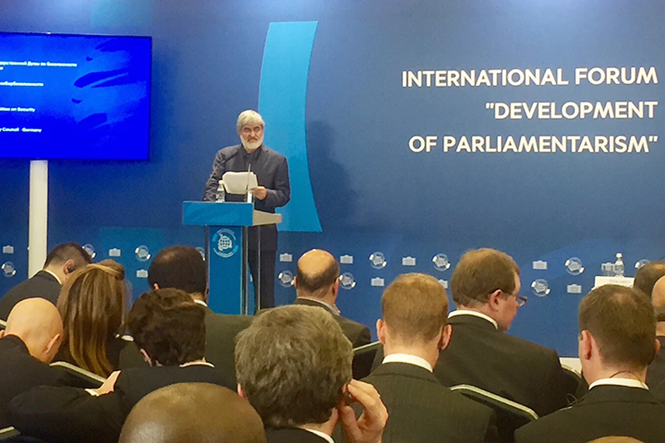 Глава делегации Ирана Али Мотахари выступает на международном парламентском форуме в Москве