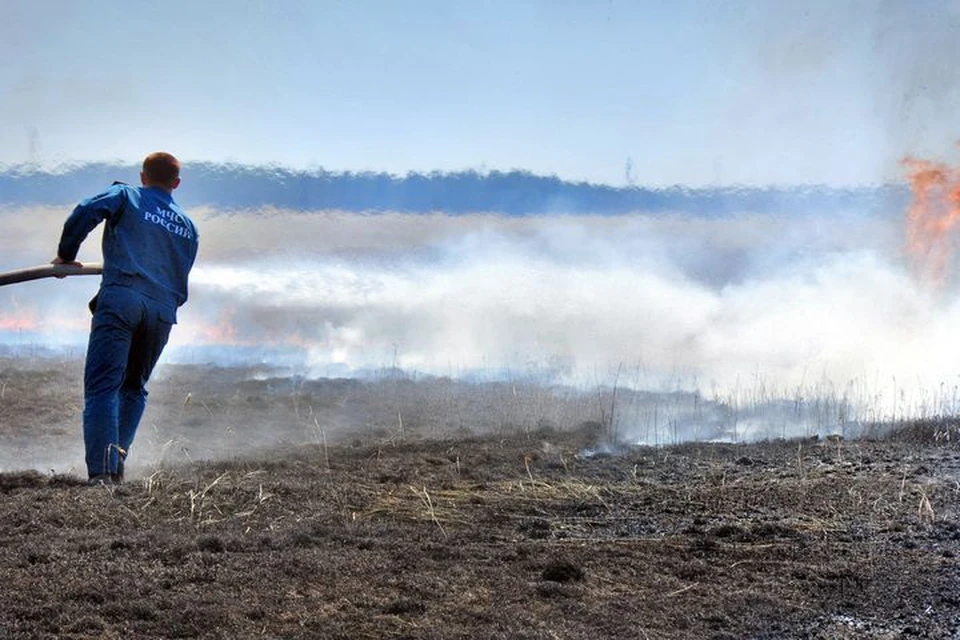 Огнеборцы тушат пожар в поле