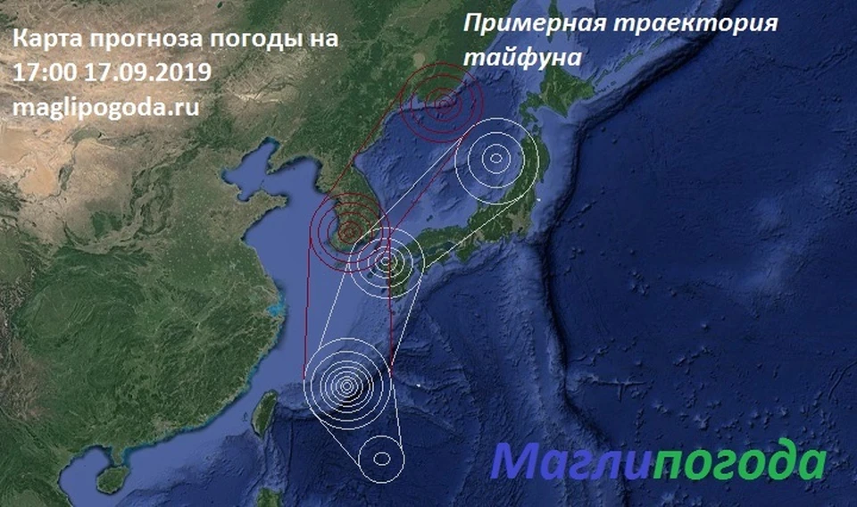 Народные синоптики указали траекторию тайфуна. Карта: портал «Маглипогода»