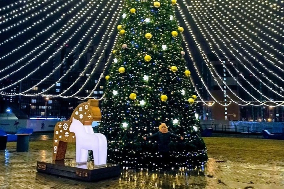 Новогодняя елка в конце февраля все еще украшает улицы Кудрово
