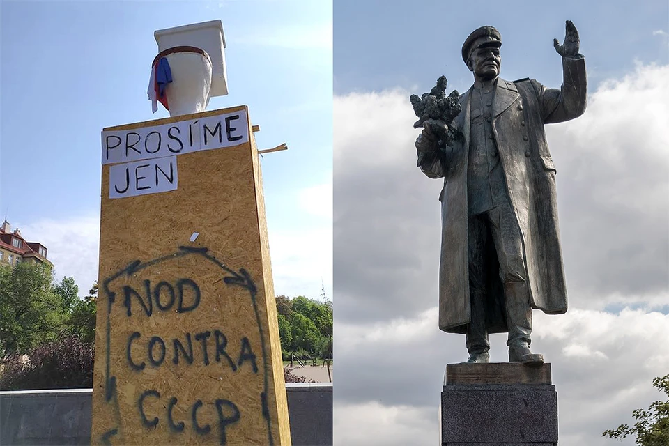 На месте памятника Маршалу Коневу в Праге появился унитаз. Фото: EPA/MARTIN DIVISEK/ТАСС + Twitter