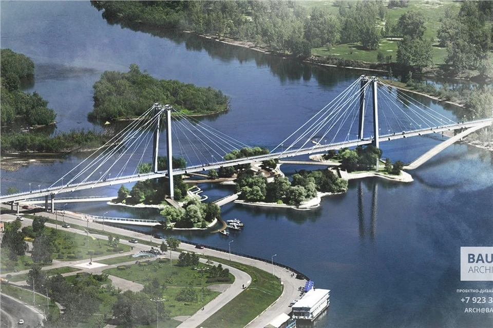 Под вантовым мостом Красноярска предложено насыпать острова с пляжами. Фото: Bauart Architects.