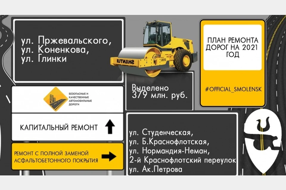 В Смоленске отремонтируют 8 участков дорог в 2021 году. Фото: пресс-служба администрации города Смоленска.