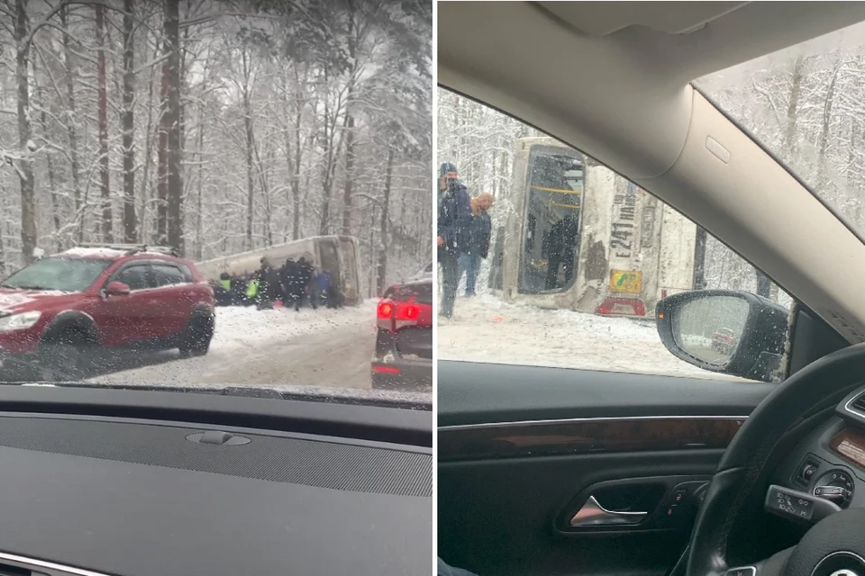 Маршрутка перевернулась на Приморском шоссе. Фото: vk.com/spb_today
