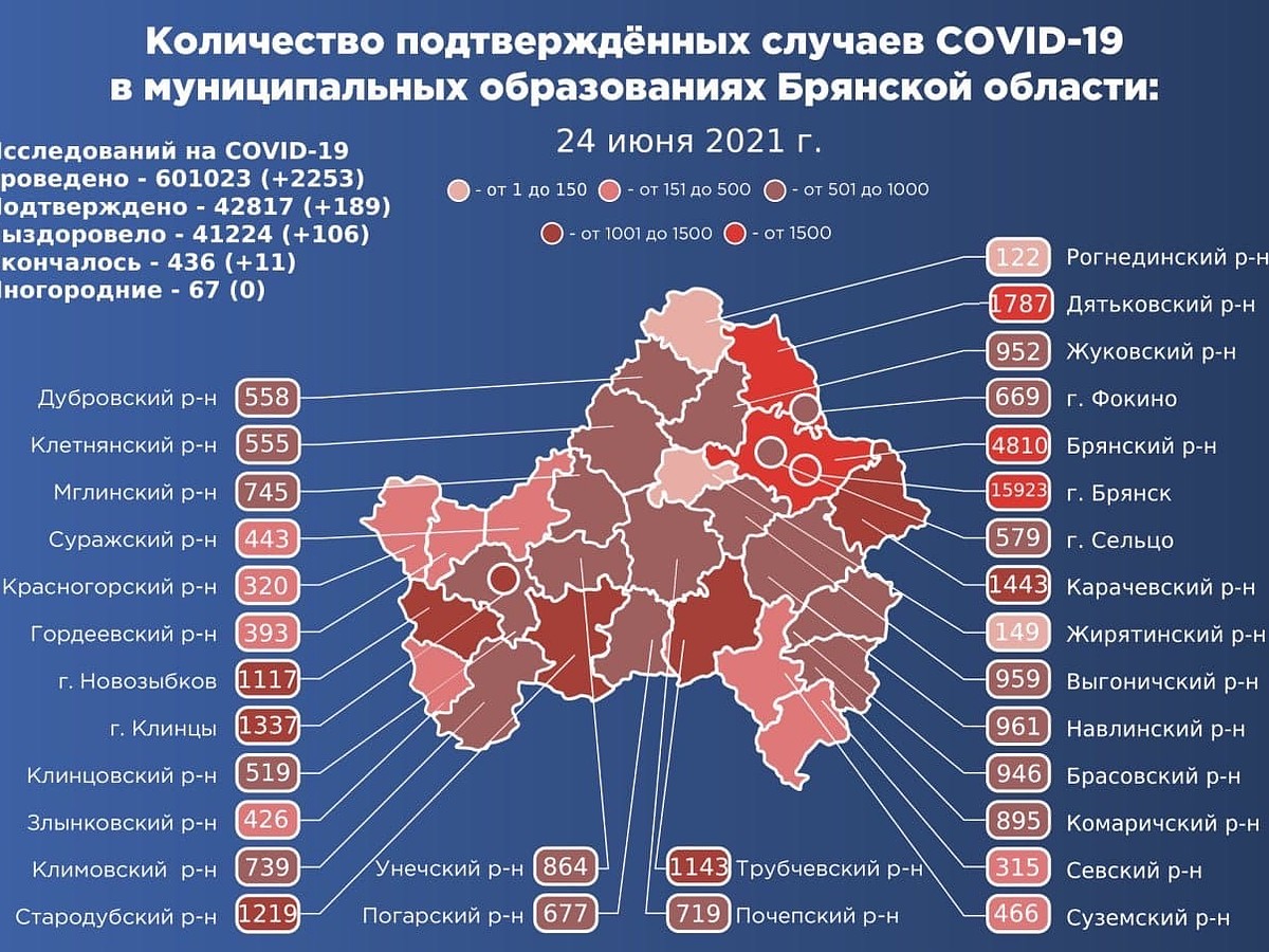 Карта распространения коронавируса в Брянской области на 24 июня 2021 года  - KP.RU