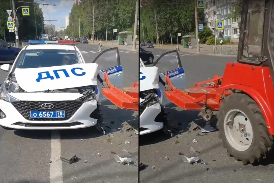 В Петербурге тракторист влетел в машину ДПС. Фото: СОЦСЕТИ