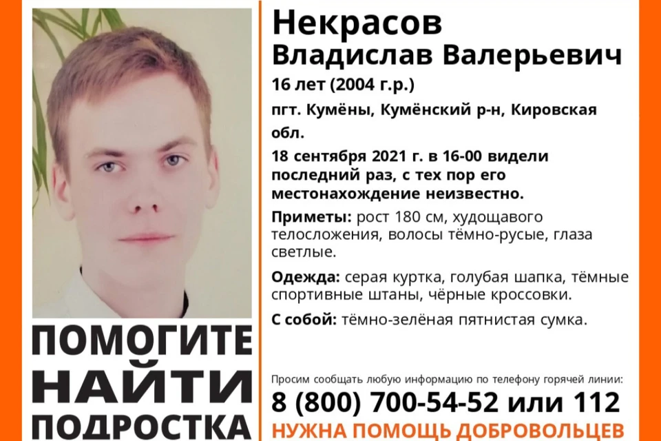Близкие Владислава обратились в полицию и к поисковикам, предоставив ориентировку на пропавшего. Фото: vk.com/lizaalert_kirov