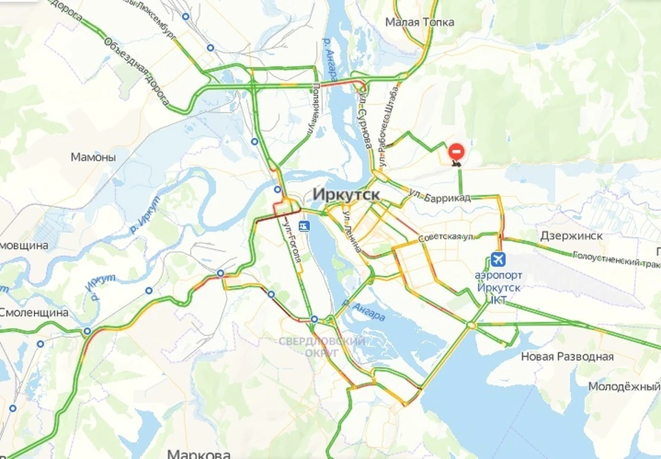 Восьмибалльные пробки сковали Иркутск утром 19 ноября. Фото: Яндекс.Пробки