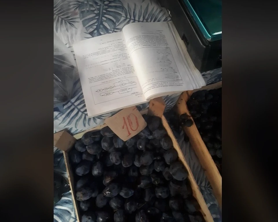Школьница одновременно продает фрукты и делает уроки.