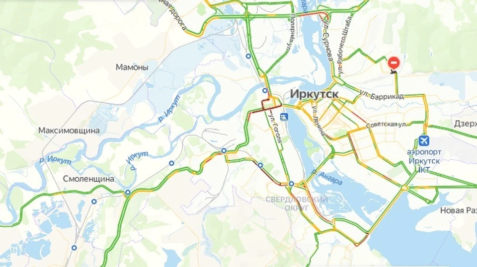 Пробки в 8 баллов сковали Иркутск 20 декабря утром. Фото: Яндекс.Пробки