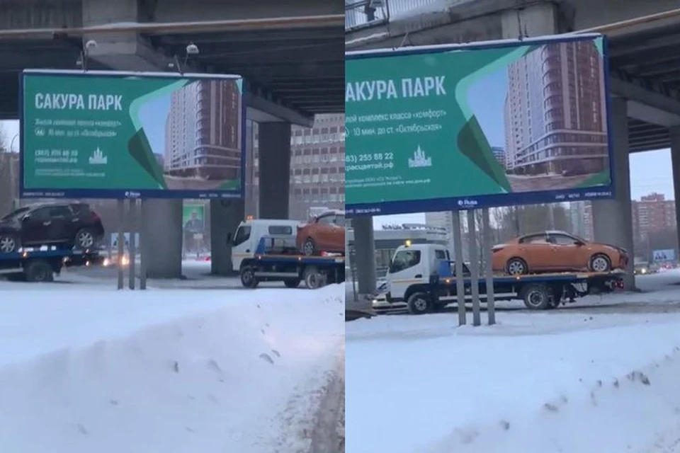 Новосибирцы засняли на видео, как эвакуаторы с погруженными на них автомобилями ехали с нарушением ПДД. Фото: Кадр из видео
