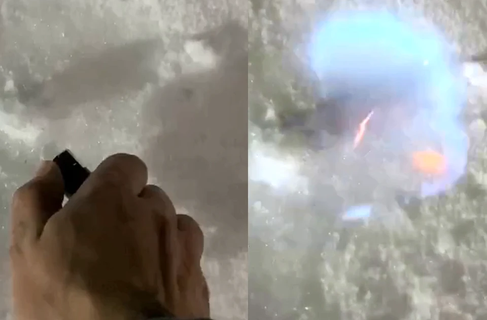 Момент, как снег воспламеняется от искры зажигалки. Фото: кадр из видео.