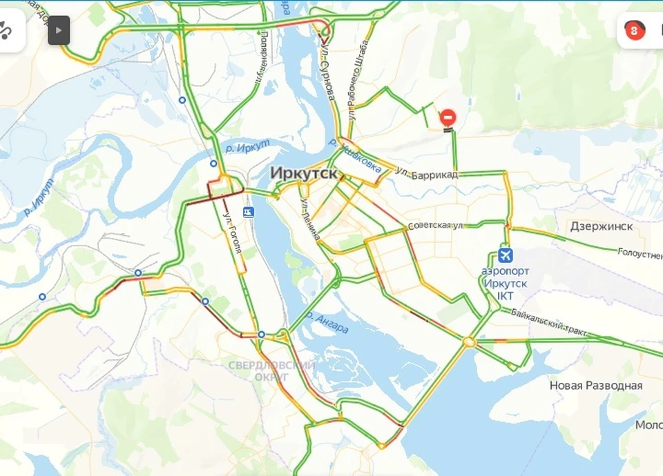 Восьмибалльные пробки сковали Иркутск 21 февраля утром. Фото: Яндекс.Пробки