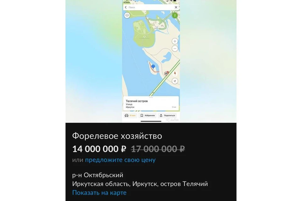Форелевое хозяйство на острове Телячий выставили на продажу в Иркутске. Фото: "Авито"