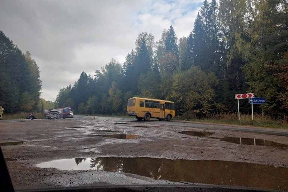 В Ивановской области школьный автобус столкнулся с "Рено Логан". ФОТО: группа "Жесть Иваново ЧП ДТП" ВКонтакте