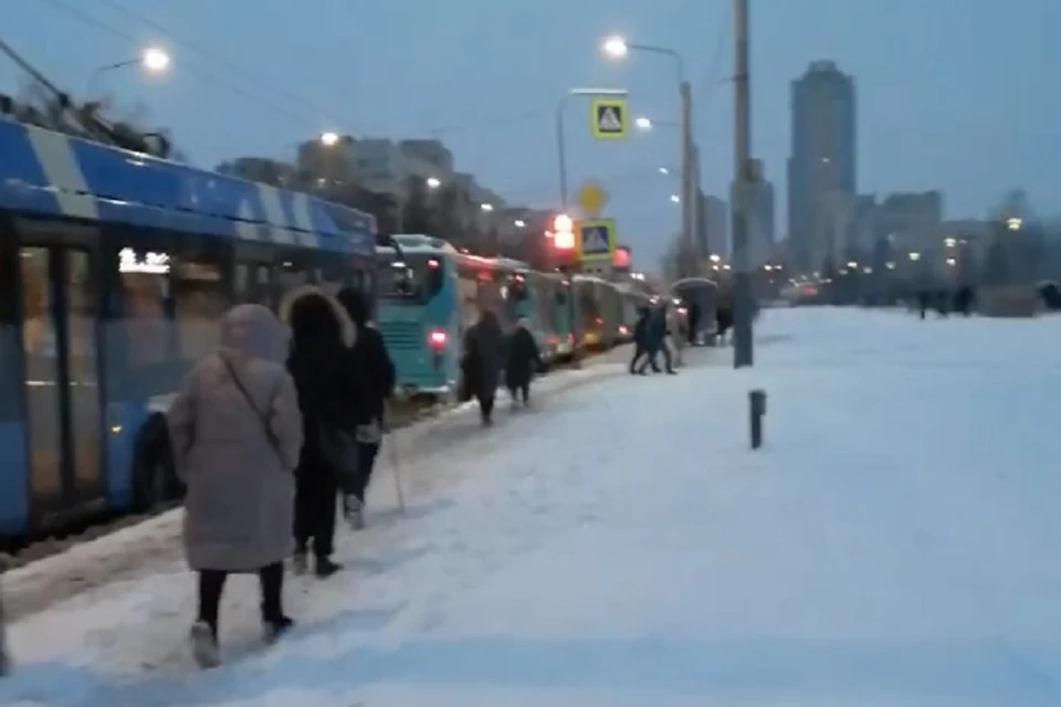 Пассажиры пошли пешком к метро на проспекте Ветеранов. Фото: vk.com/spb_today