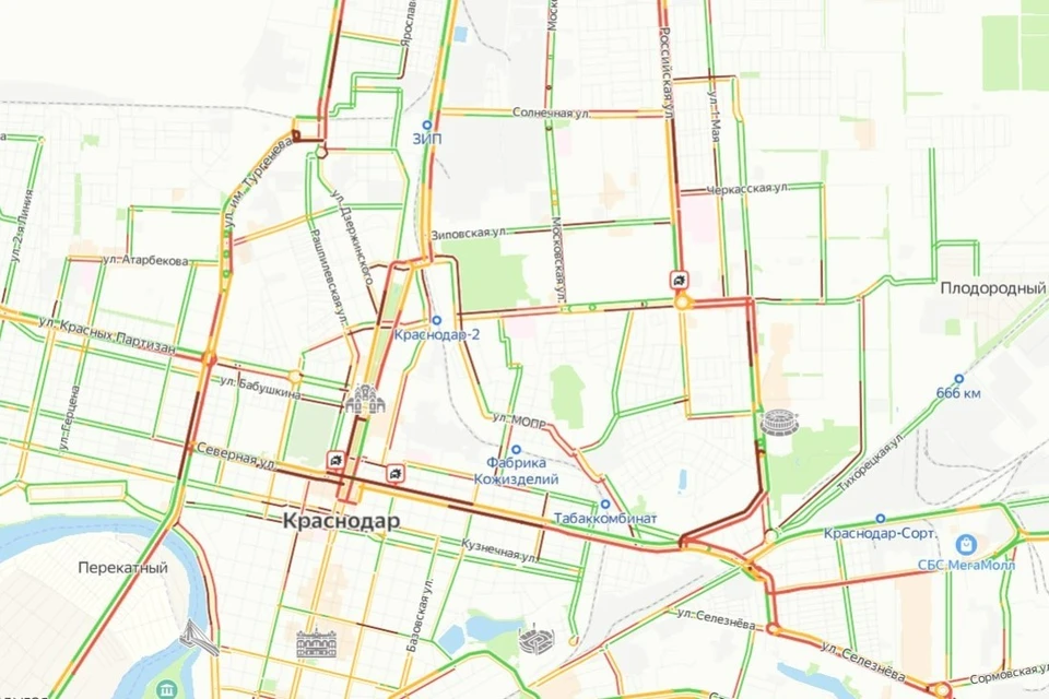 В Краснодаре днем 30 декабря образовались 7-балльные пробки Фото: «Яндекс. Карты»