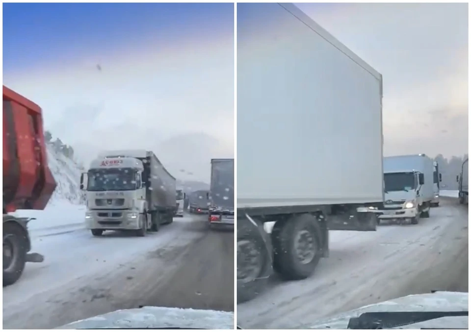 В окрестностях Сима огромная пробка: стоят грузовики. Фото: Трасса М-5 Уфа-Челябинск/vk.com