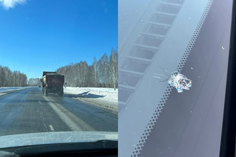 На трассе под Новосибирском камень, выпавший из кузова фуры, разбил лобовое стекло авто. Фото: предоставлено собеседником.