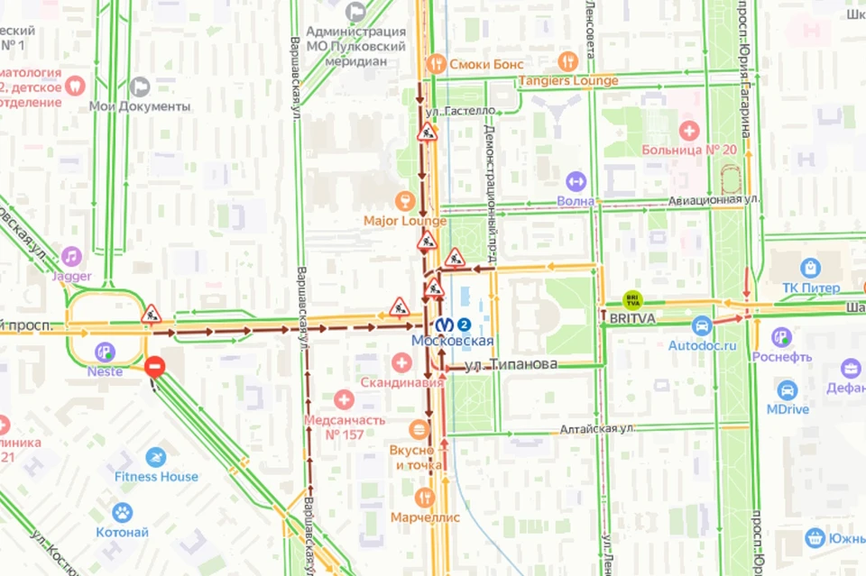 В сторону Пулково в Петербурге опять гигантские пробки из-за ремонта на Московском проспекте. Фото: yandex.ru/maps