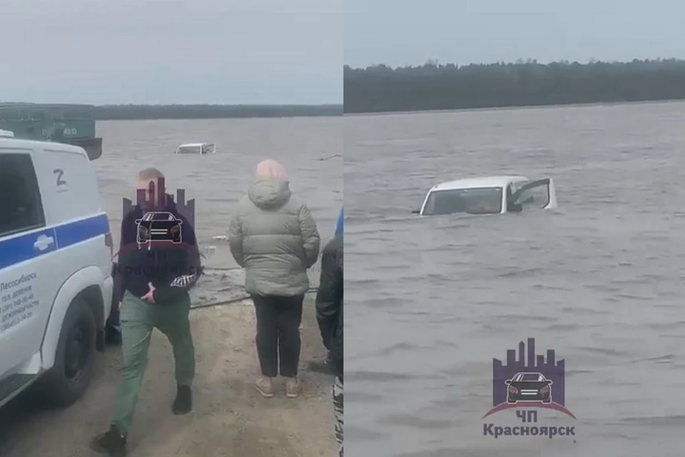 На Енисее вода стремительно поднялась и затопила машину на паромной переправе. Стоп-кадр видео