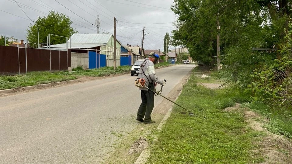 Рабочий скашивает сорную растительность на улицах Астрахани