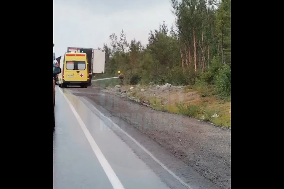 В Мурманской области прямо на дороге случился пожар. Фото: скриншот видео / Telegram-канал "Срочно!Мурманск"