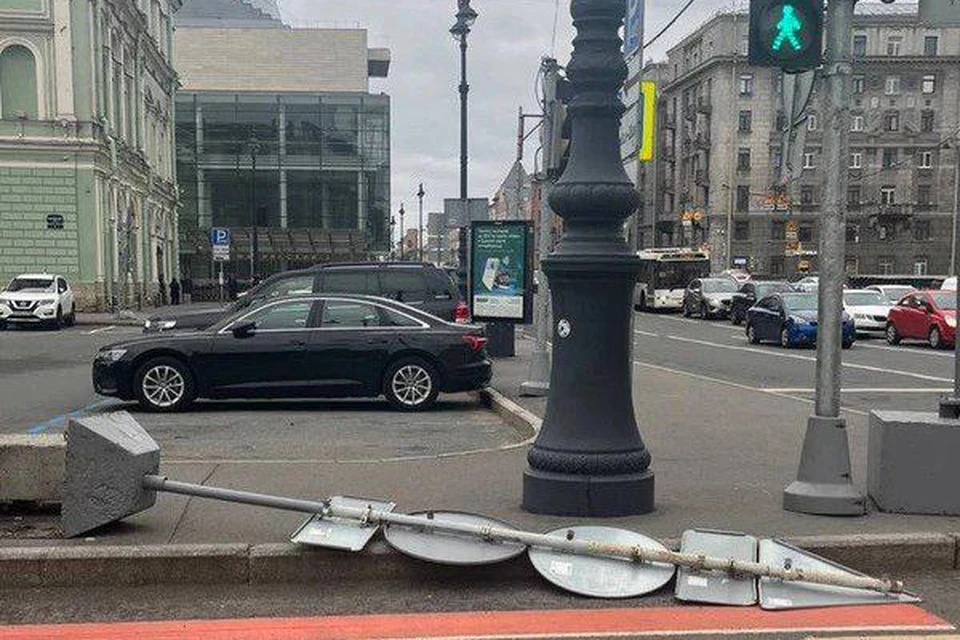 Дорожный знак упал на голову петербурженке на Театральной площади из-за ветра. Фото: t.me/spb_top_news