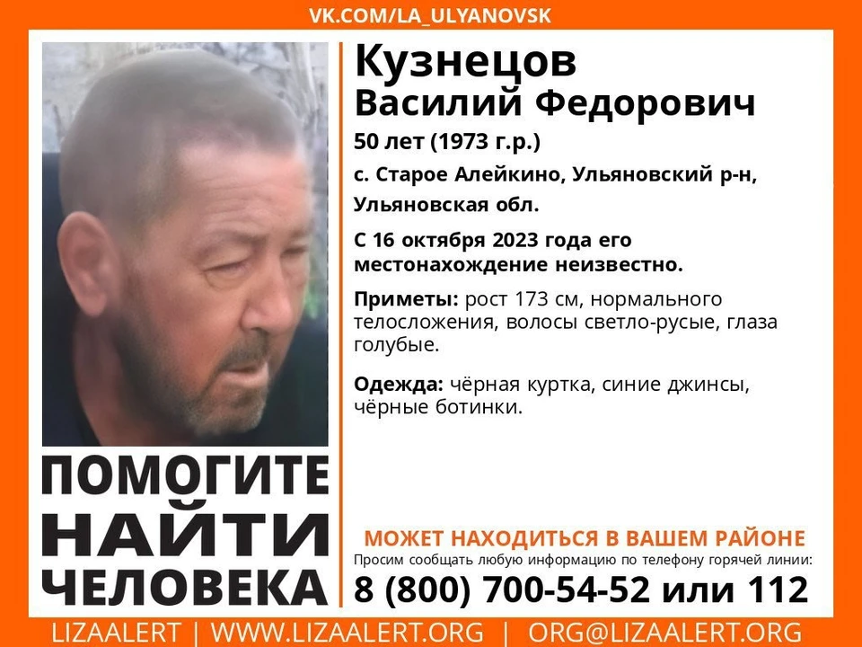 В Ульяновской области 16 октября пропал житель села Старое Алейкино. Фото "Лиза Алерт"