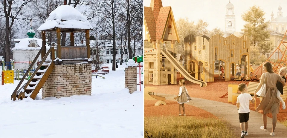 Фото: слева - детская площадка в кологривском сквере, справа - то, как её планируют обновить в духе произведений Ефима Честнякова. https://сказки-заповедного-края.рф/#vizualizaciya