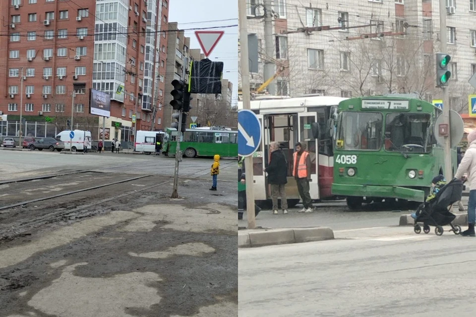 Трамвай и троллейбус столкнулись на перекрестке. Фото: Людмила ОЖАНСКАЯ