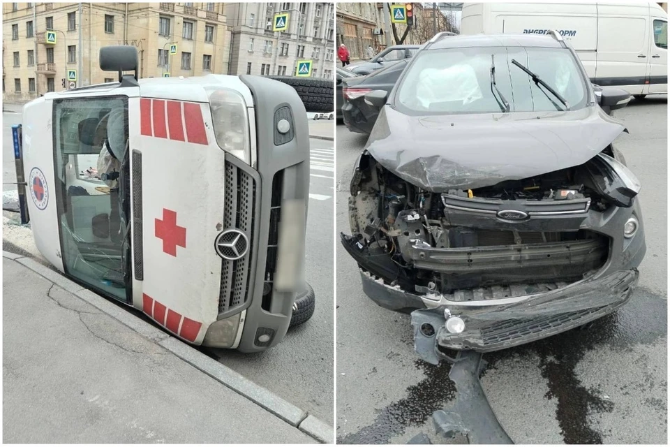 Машина скорой помощи упала на бок на перекрестке Маршала Говорова и Краснопутиловской. Фото: t.me/procspb