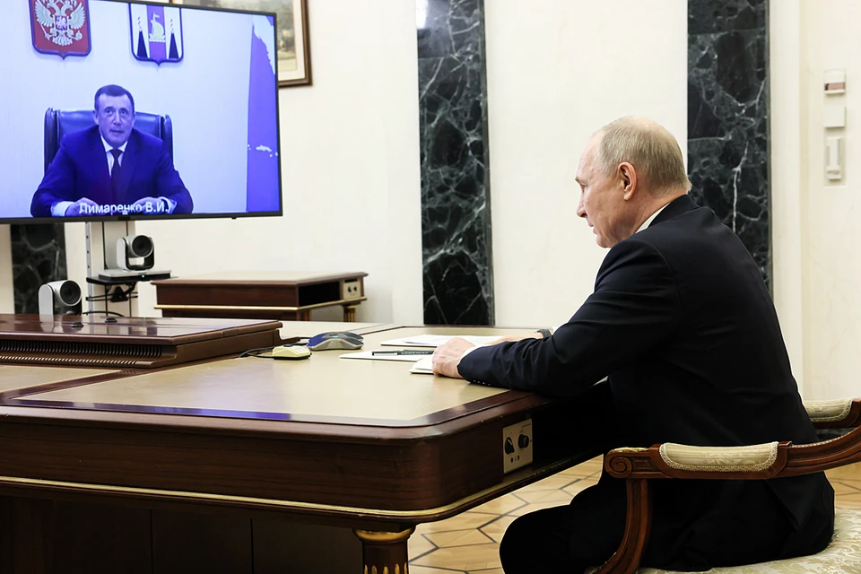 Владимир Путин в Кремле во время встречи с губернатором Сахалинской области Валерием Лимаренко в режиме видеоконференции. Фото Михаил Метцель/POOL/ТАСС