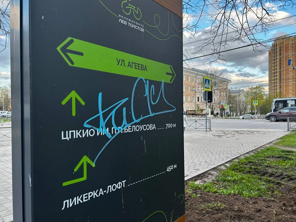 В Туле вандалы изрисовали указатель веломаршрута «Лев Толстой». Фото: Telegram-канал «т а к и ж и в ё м».