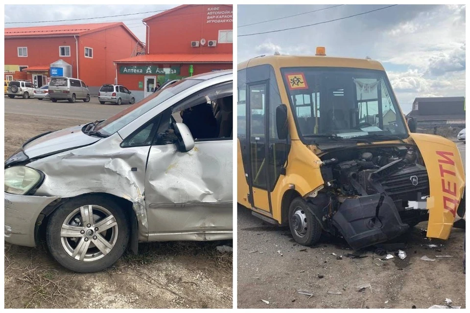Школьный автобус и иномарка Toyota Ipsum столкнулись в Иркутском районе