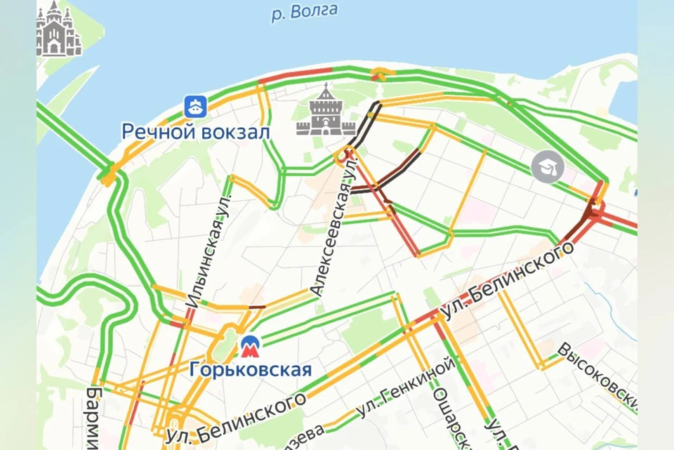 Многокилометровые пробки образовались на дорогах в Нижнем Новгороде. Фото: Яндекс.Пробки.