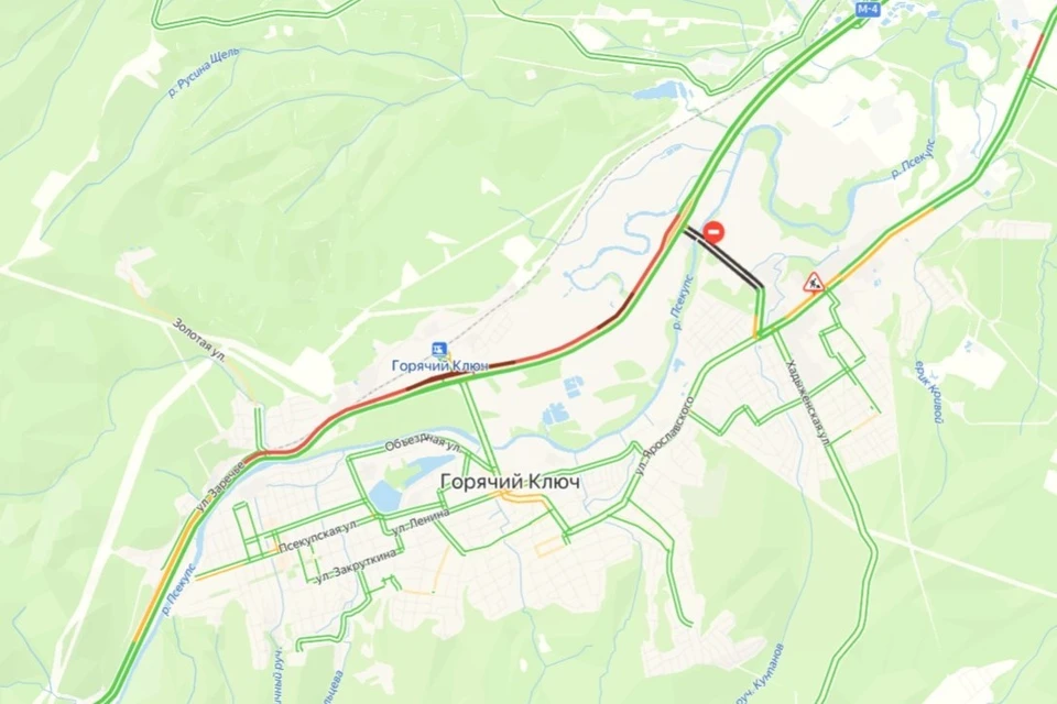 Пробка длиной почти в 5 км образовалась в районе Горячего Ключа Фото: «Яндекс.Карты»