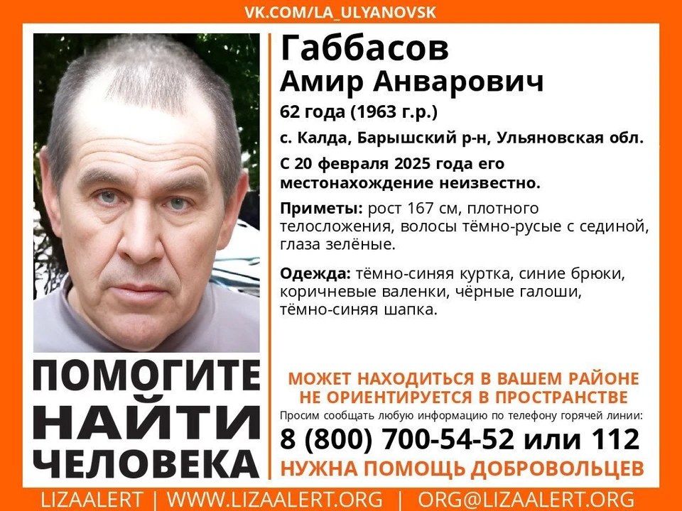 В Ульяновской области ищут пропавшего мужчину, которому нужна помощь медиков. Фото "ЛизаАлерт"