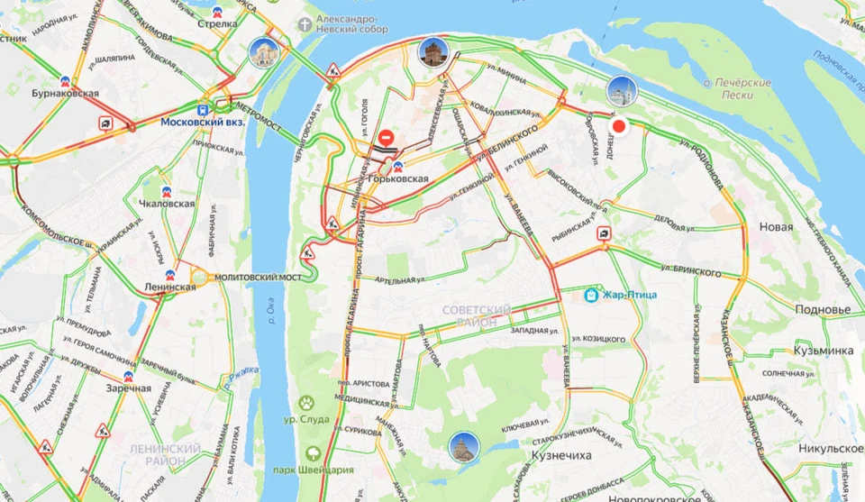 Жуткие пробки сковали центр Нижнего Новгорода. Фото: Яндекс. Пробки