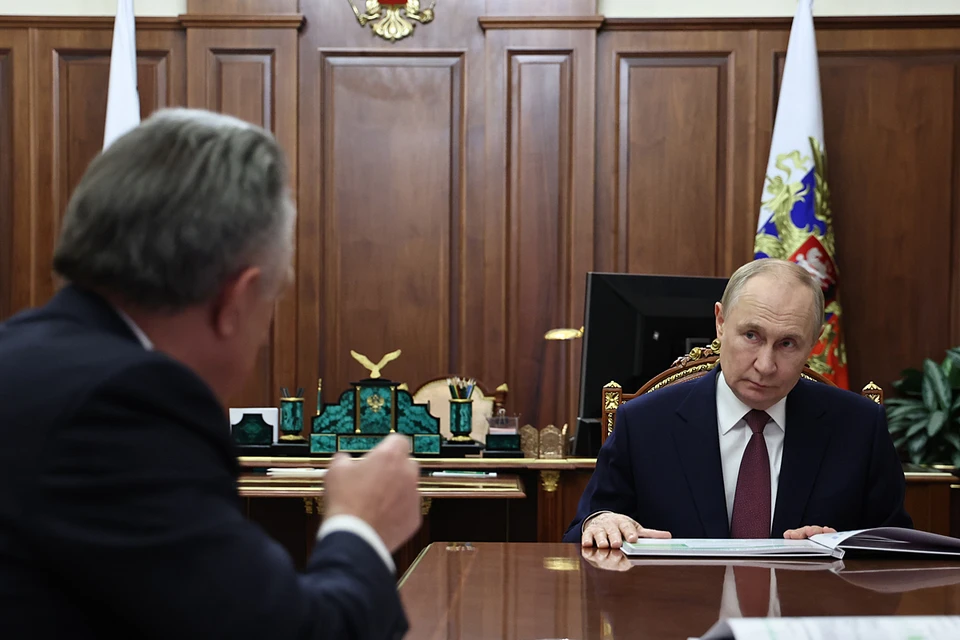 Владимир Путин и генеральный директор акционерного общества "ДОМ.РФ" Виталий Мутко во время встречи. Фото Александр Казаков/Пресс-служба президента РФ/ТАСС