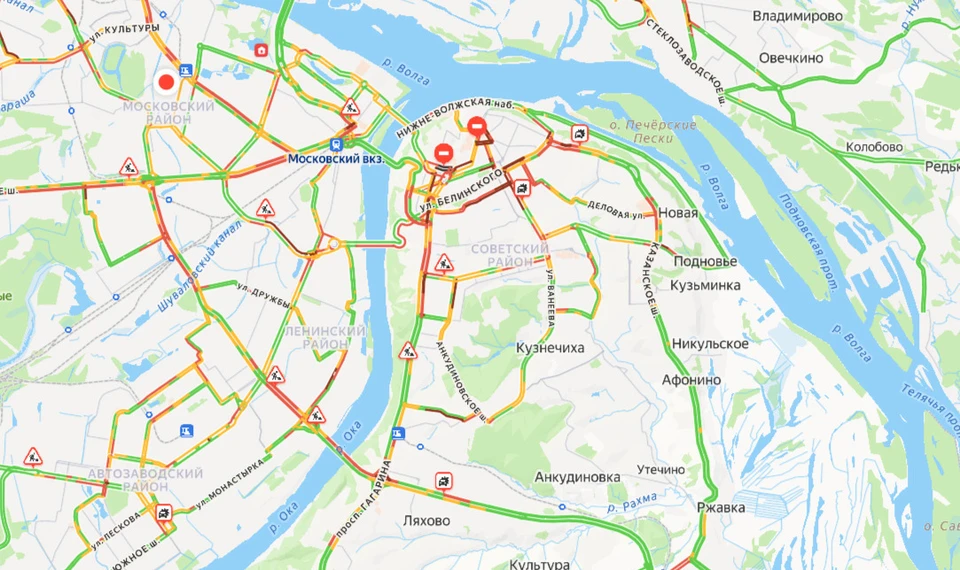 Пробки в Нижнем Новгороде вечером 22 октября достигли девяти баллов. Фото: Яндекс Карты