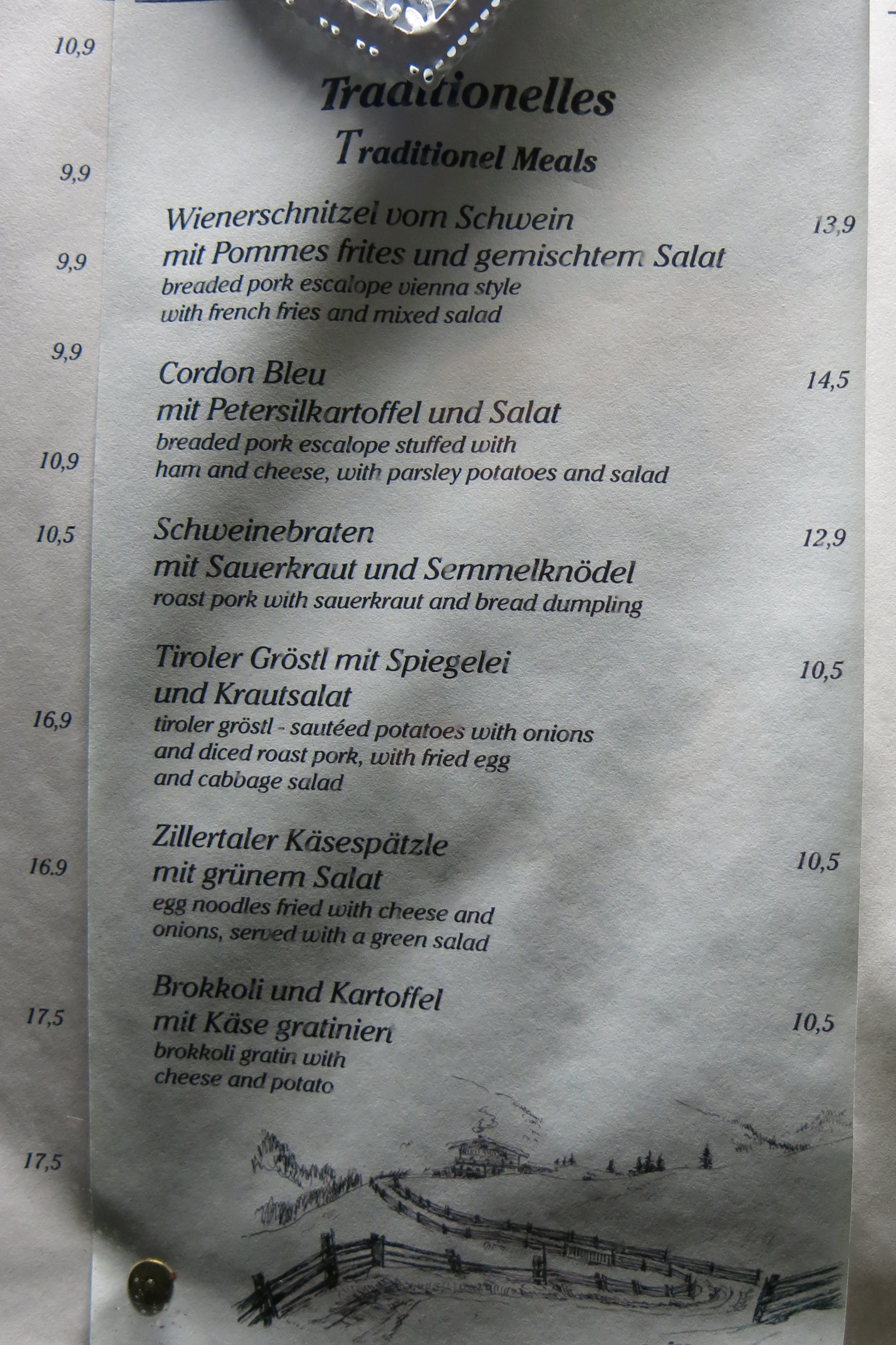 Цены в одном из ресторанов Майрхофена.