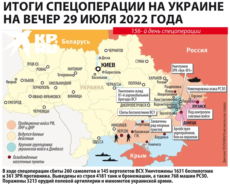 Карта боевых действий на Украине на 29 июля 2022: ответ российских войскпосле удара ракетами HIMARS по Еленовке - KP.RU