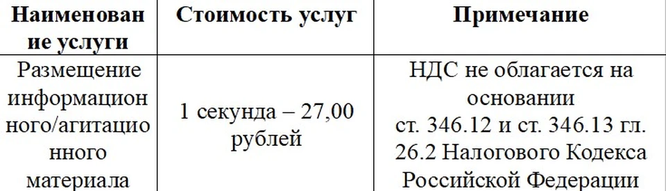 Тарифы на размещение материалов предвыборной агитации