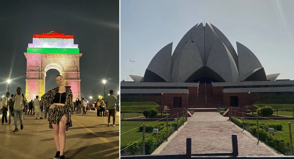 Диана у Ворот Индии. А на фото справа - одно из любимых мест белоруски в Дели - Храм Лотоса. Фото: личный архив