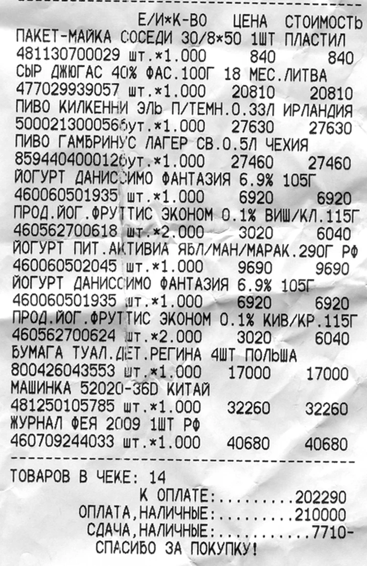 Чек на 14 февраля: дорогое пиво и цветок мужу, журналы для детей, и себе –  три йогурта» - KP.RU